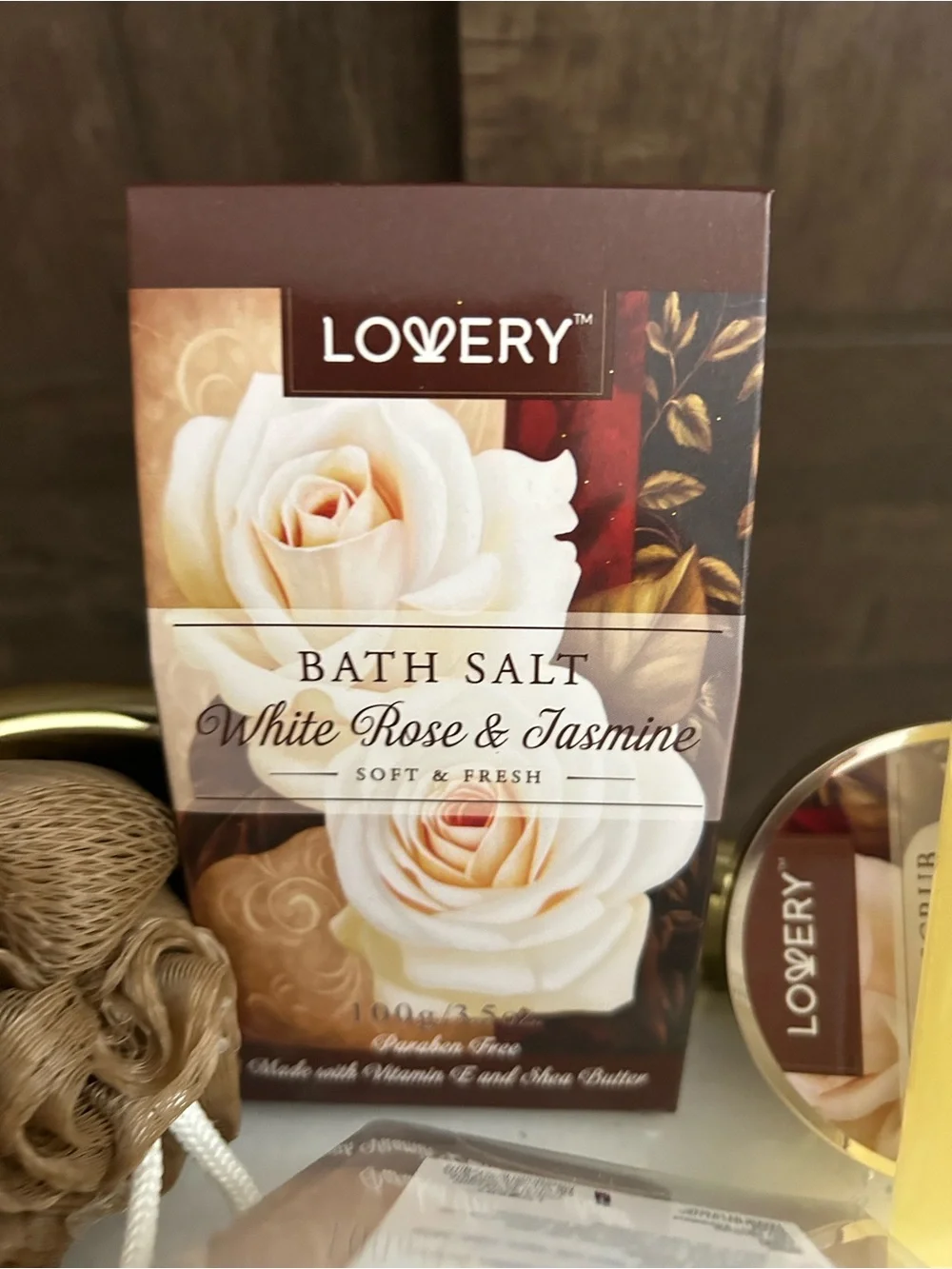 Lovery White Rose & Jasmine Bath Set in Gold & Cream Bathtub Bubble Bath NWOT